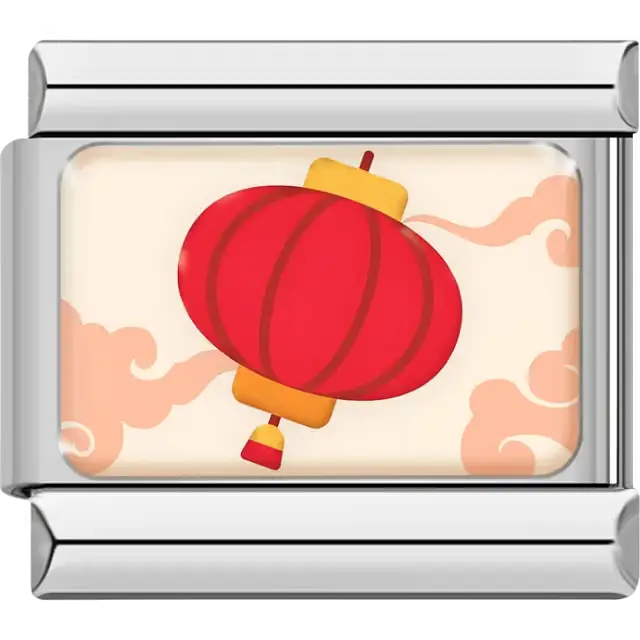 Red Chinese lantern with yellow details and orange cloud accents on cream background Italian charm bracelet link