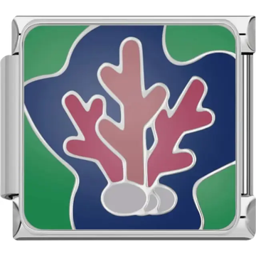 Red coral branches with white base on a blue and green background Italian charm bracelet link