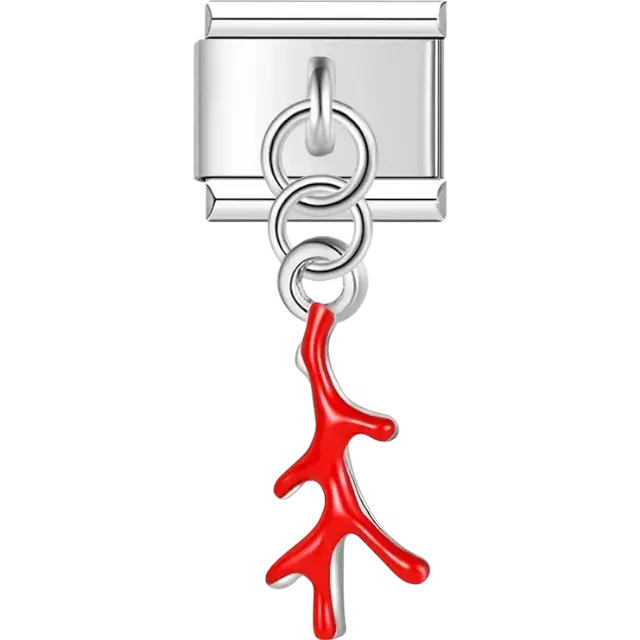 Silver dangling charm featuring a bright red coral design Italian charm bracelet link