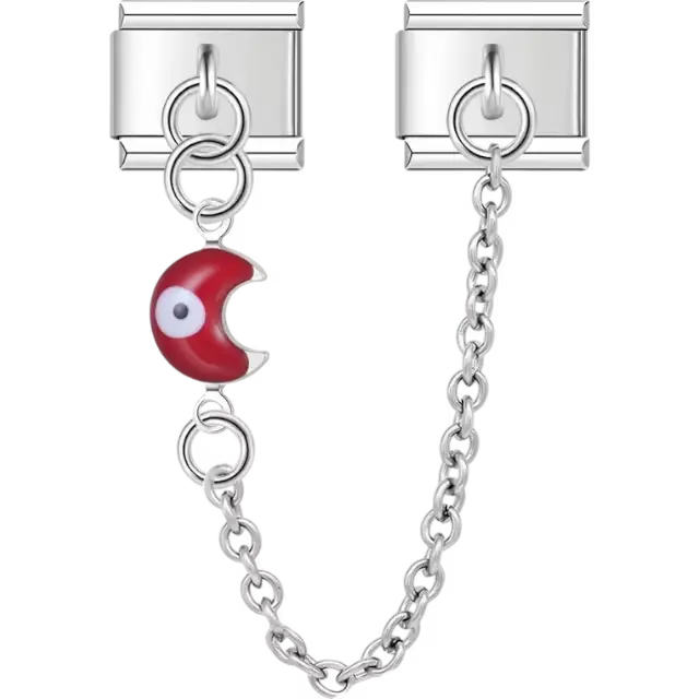 Red crescent moon with a white and black evil eye connected by a safety chain Italian charm bracelet link