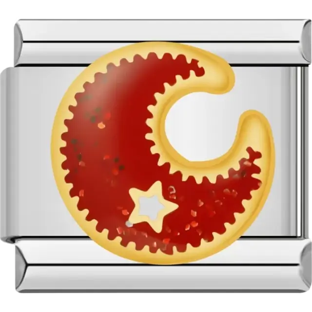 Red crescent moon design with gold trim and a small star Italian charm bracelet link