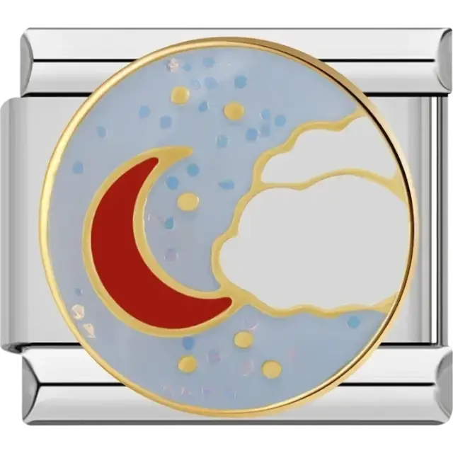 Red crescent moon with cloud and golden accents circular charm Italian charm bracelet link