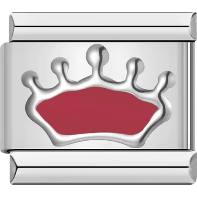 Silver crown with a red base Italian charm bracelet link