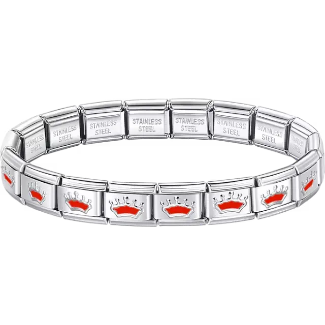 Red crown charms composing stainless steel Italian bracelet