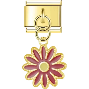 Gold dangling daisy with red petals and a yellow center Italian charm bracelet link