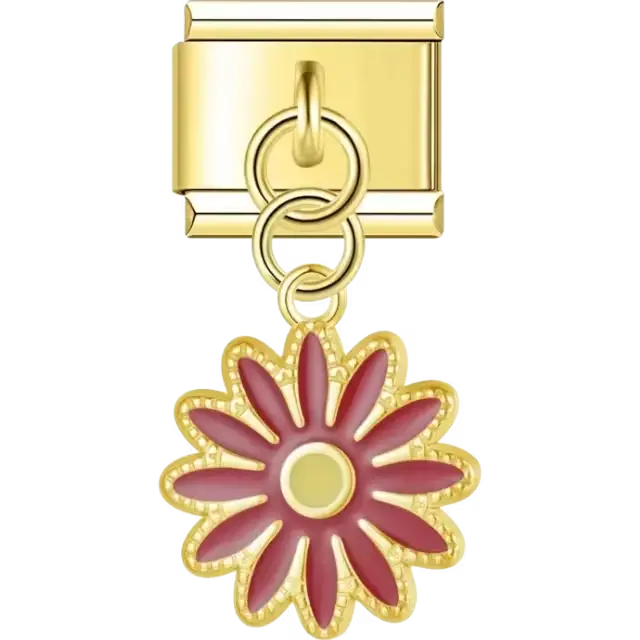 Gold dangling daisy with red petals and a yellow center Italian charm bracelet link