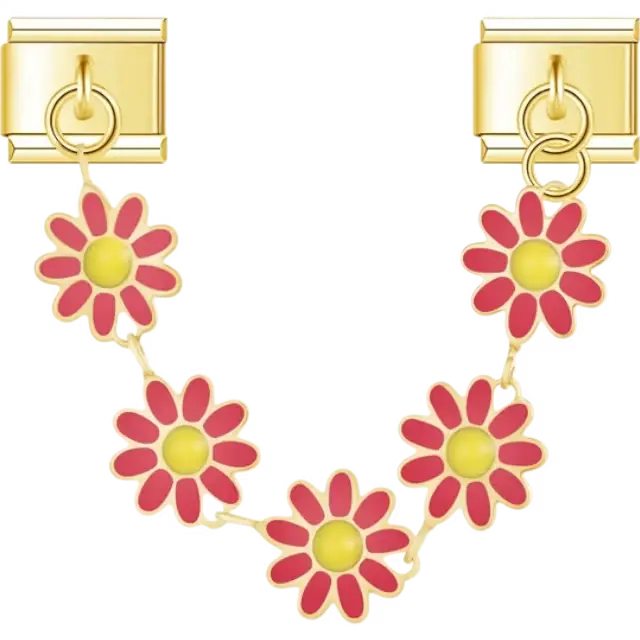 Gold chain with red daisy flower designs Italian charm bracelet link