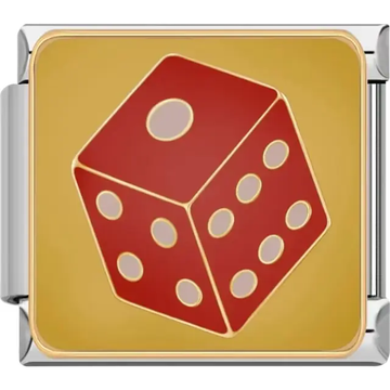 Red dice with gold outlines and white dots on a gold background Italian charm bracelet link
