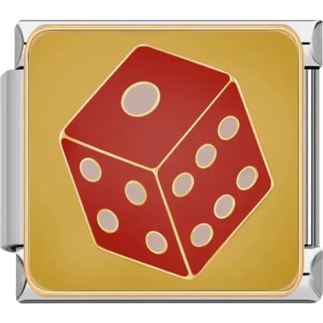Red dice with gold outlines and white dots on a gold background Italian charm bracelet link