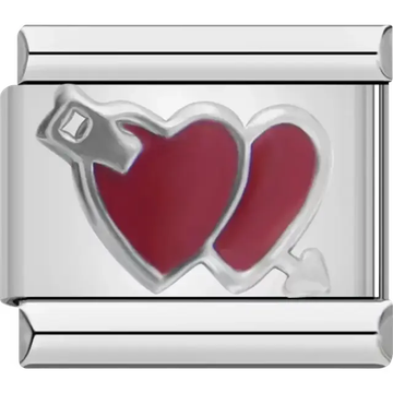 Red double heart design with silver outline Italian charm bracelet link