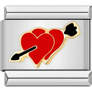 Red double hearts pierced by a black arrow accented with a gold-tone border Italian charm bracelet link