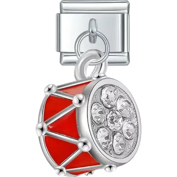 Red drum with silver accents and crystal details Italian charm bracelet link