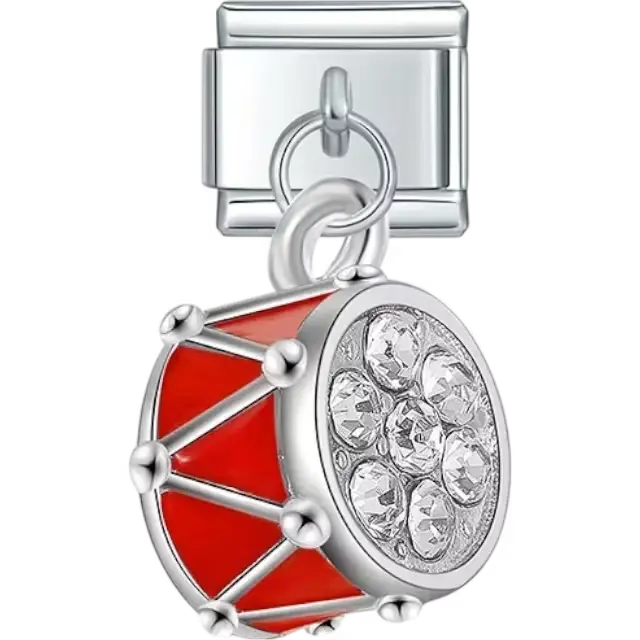 Red drum with silver accents and crystal details Italian charm bracelet link