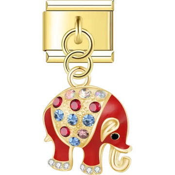 Gold and red elephant dangle with multicolored gemstones and crystal-accented feet Italian charm bracelet link