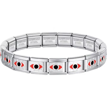Red evil eye charms composing stainless steel Italian bracelet