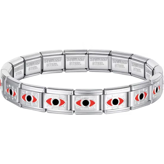 Red evil eye charms composing stainless steel Italian bracelet