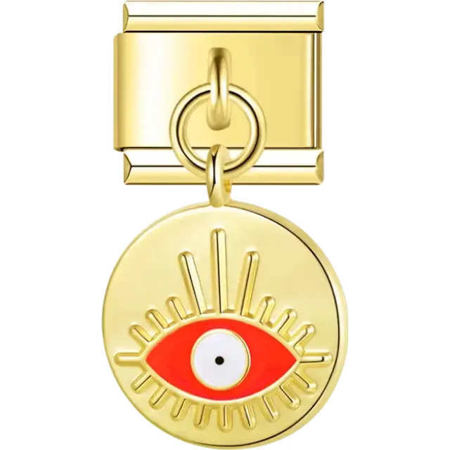 Round dangle charm with a red evil eye design and radiating line details Italian charm bracelet link