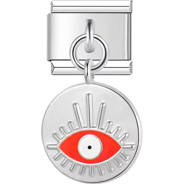 Round dangle charm with a red evil eye design and radiating line details Italian charm bracelet link