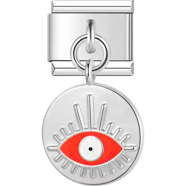 Round dangle charm with a red evil eye design and radiating line details Italian charm bracelet link