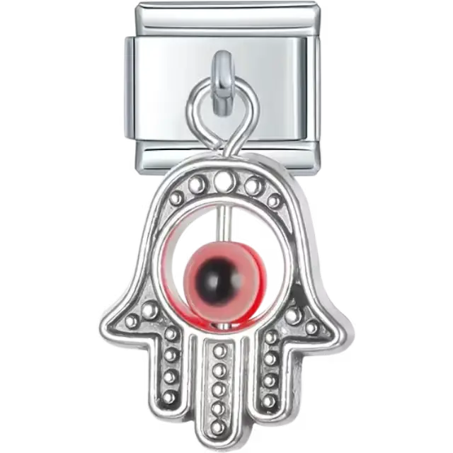 Dangling hamsa hand design with textured details and a red evil eye bead Italian charm bracelet link