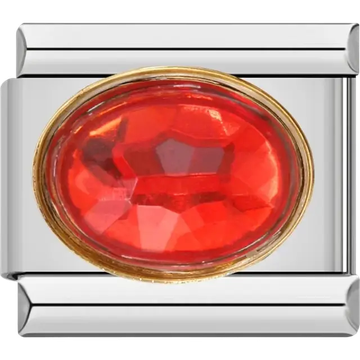 Red faceted oval stone with gold border Italian charm bracelet link