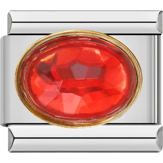 Red faceted oval stone with gold border Italian charm bracelet link