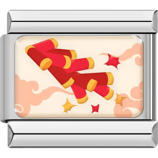 Red and yellow Chinese firecrackers with orange cloud accents and spark details on cream background Italian charm bracelet link