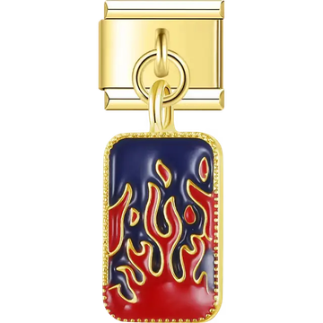 Blue enamel rectangle with red yellow flames gold trim Italian charm bracelet link