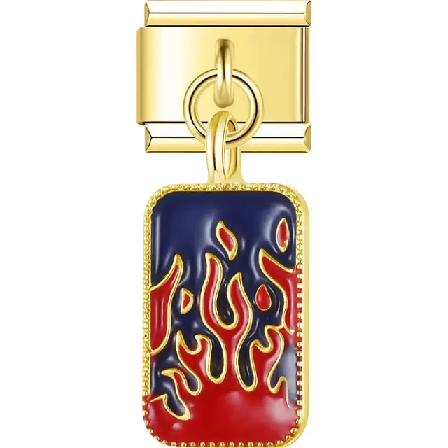 Blue enamel rectangle with red yellow flames gold trim Italian charm bracelet link
