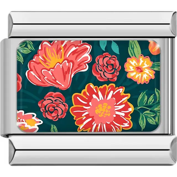 Red and orange flowers with green leaves on teal background Italian charm bracelet link