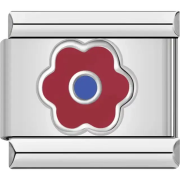 Red flower design featuring a blue center Italian charm bracelet link
