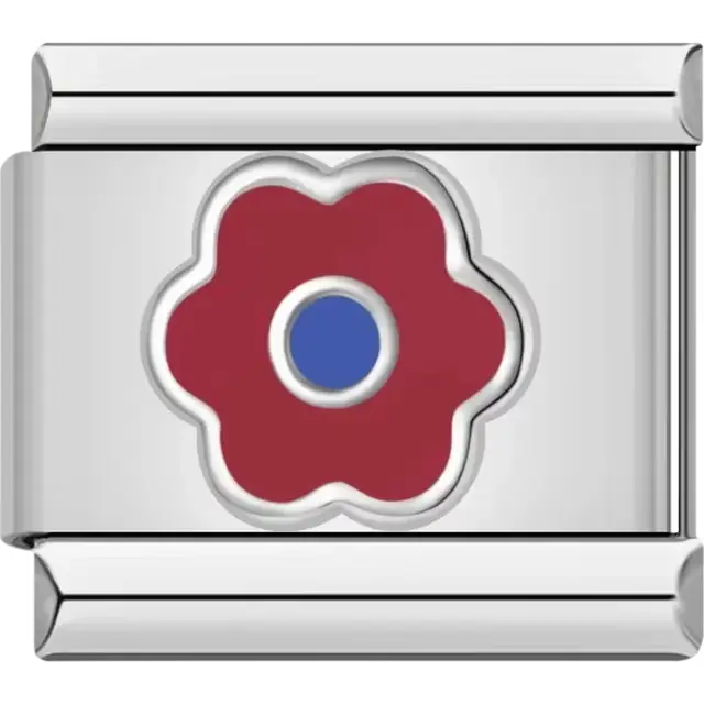 Red flower design featuring a blue center Italian charm bracelet link