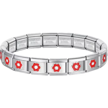 Red flower charms composing stainless steel Italian bracelet