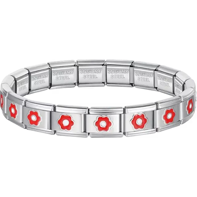 Red flower charms composing stainless steel Italian bracelet