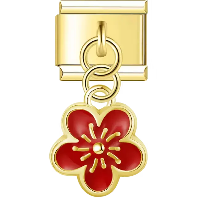 Gold outline flower with red enamel dangle Italian charm bracelet link