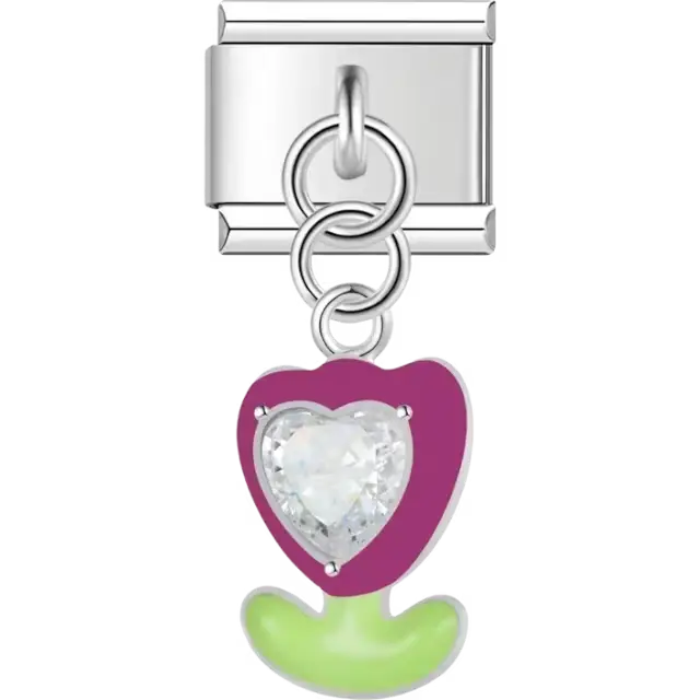 Red flower with green stem and a clear heart-shaped gemstone Italian charm bracelet link