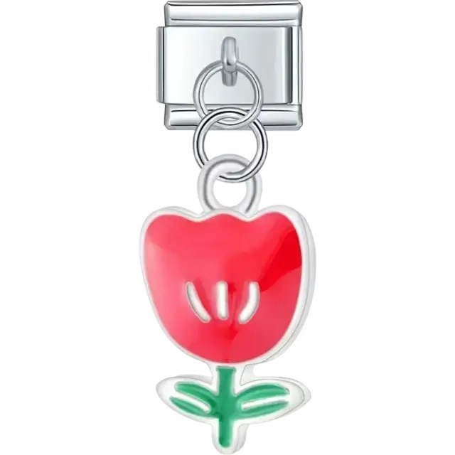 Bright red flower pendant with green leaves and silver accents Italian charm bracelet link