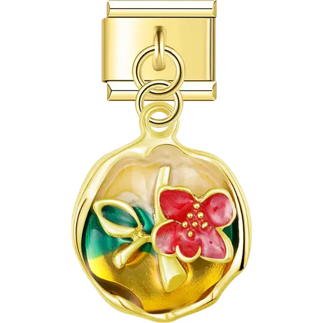 Gold round pendant with red flower, green leaf, and multicolored shell inlay dangle Italian charm bracelet link