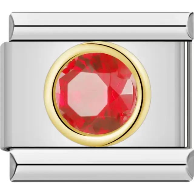 Round red gemstone framed in gold-tone detail Italian charm bracelet link
