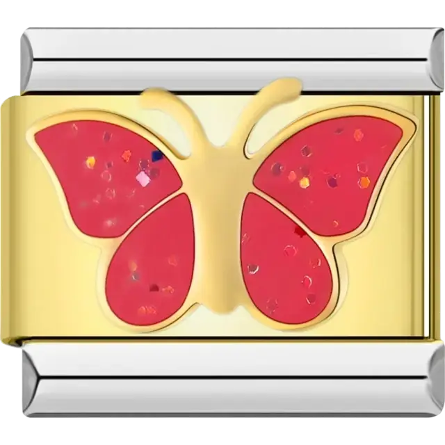 Red butterfly with glitter-filled wings and gold details Italian charm bracelet link