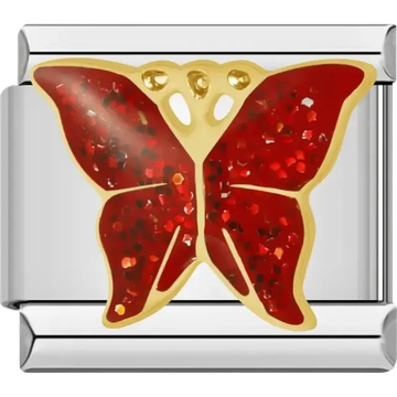 Butterfly charm with a gold outline and red glitter-filled wings Italian charm bracelet link