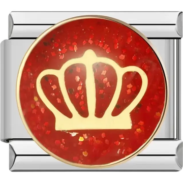 Round charm with a gold crown on a red glitter background Italian charm bracelet link