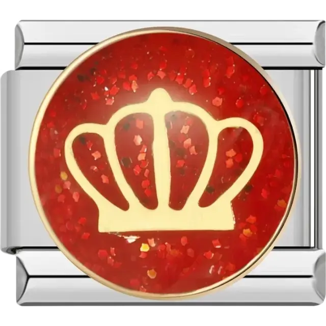 Round charm with a gold crown on a red glitter background Italian charm bracelet link