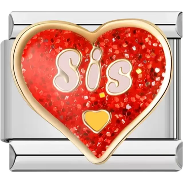 Red glitter heart design with Sis text and yellow heart accent Italian charm bracelet link