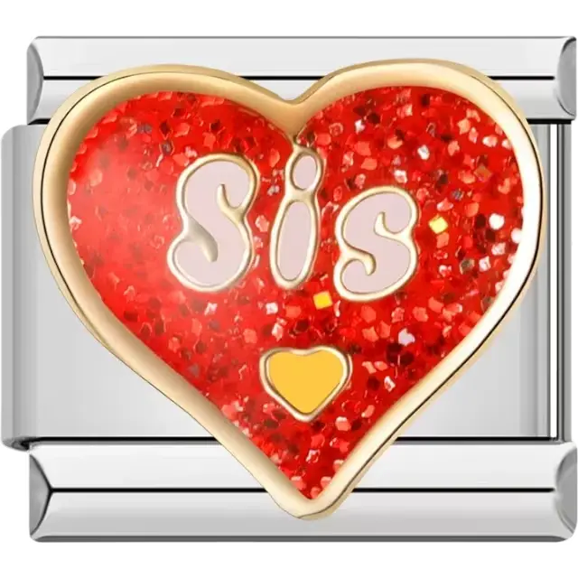 Red glitter heart design with Sis text and yellow heart accent Italian charm bracelet link