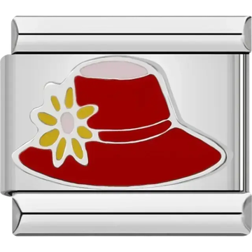 Bright red hat with a yellow and white daisy Italian charm bracelet link