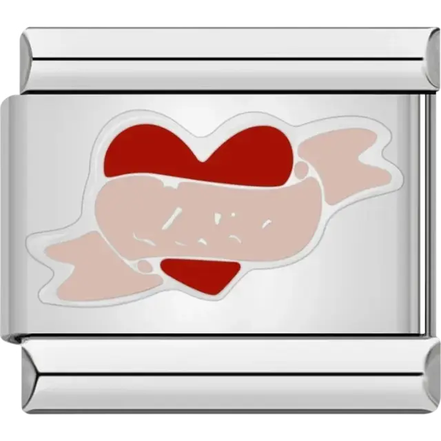 Red heart with scroll Italian charm bracelet link