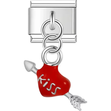 Red heart with arrow "kiss" text dangle Italian charm bracelet link