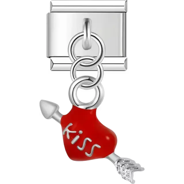 Red heart with arrow "kiss" text dangle Italian charm bracelet link