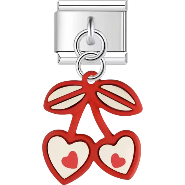 Red cherry stems with two heart-shaped fruits featuring cream bases and red hearts Italian charm bracelet link